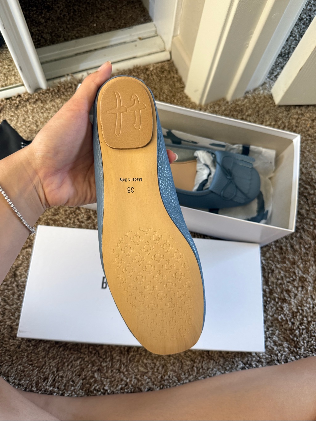 Women’s Powder Blue Leather Ballet Flats With Fringe Bow — image 3 of 6